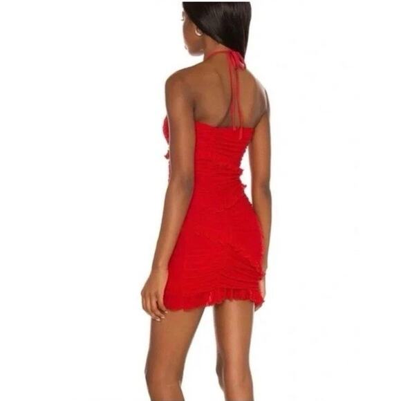 MAJORELLE Red Ruched Halter Bodycon Mini Dress Ruffles‎ Size M - Picture 3 of 13
